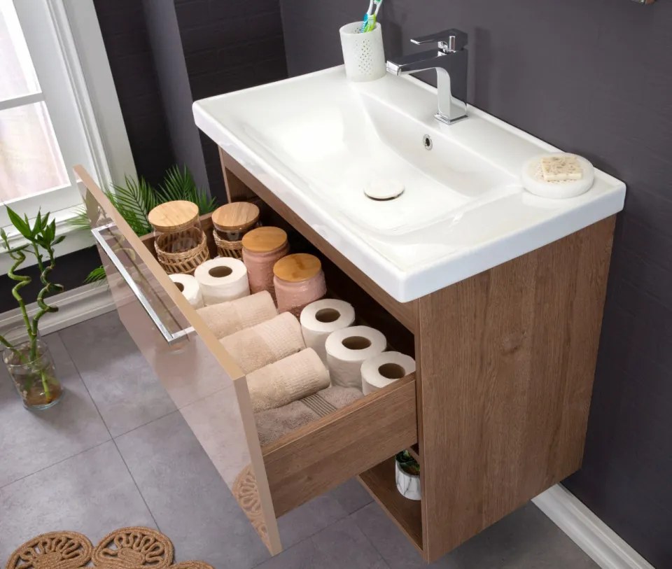 Set Mobilier Baie Cappadocia, Include Baza Lavoar, Lavoar și Oglinda, 80 cm, Cappuccino