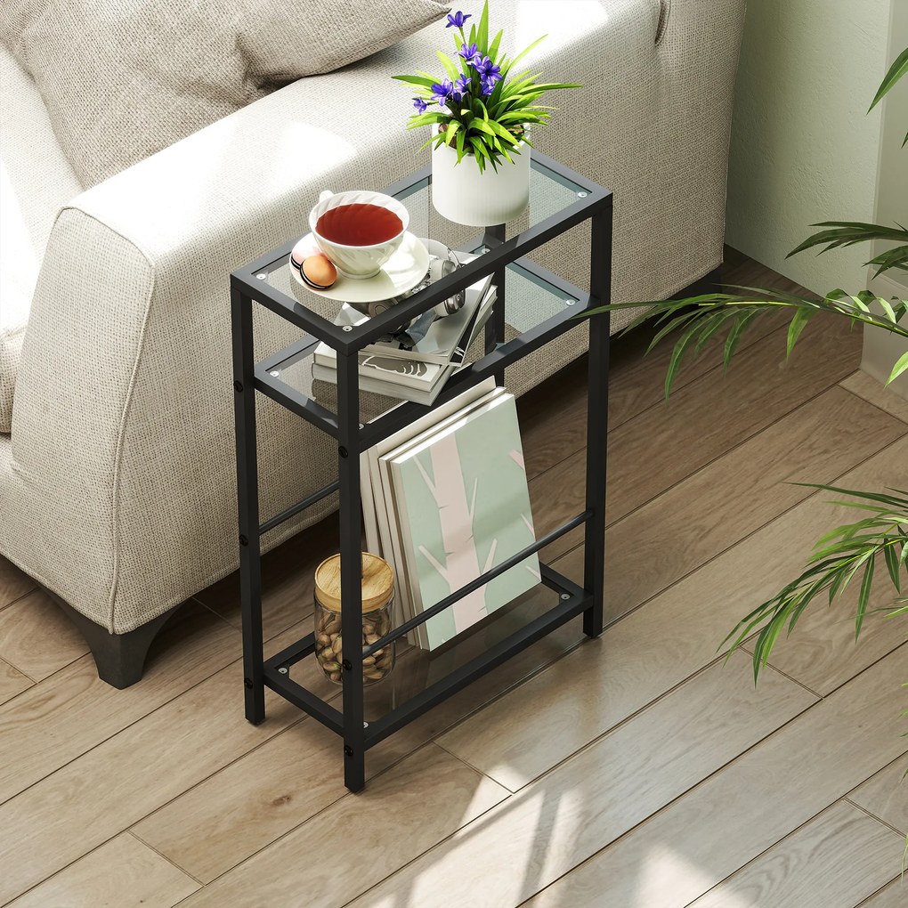 HOMCOM Măsuță de Cafea cu 3 Rafturi din Sticlă și Oțel 40x18x62 cm Negru | Aosom Romania