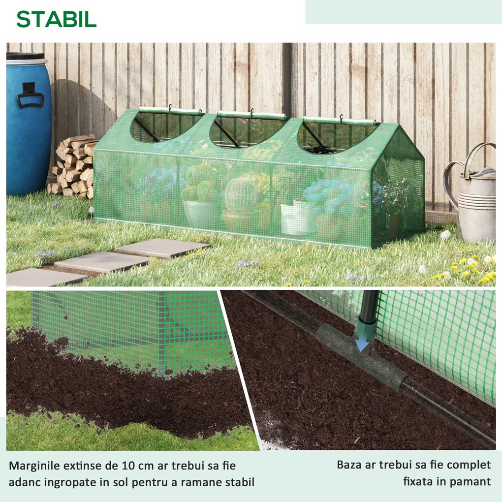 Mini sera gradina pentru plante, legume, fructe cu 3 ferestre tip rulou si protectie PE Anti-UV, verde 180x60x60cm Outsunny | Aosom Romania