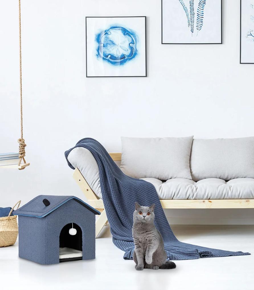 Casuta pentru pisici cu culcus pliabila material moale  albastru