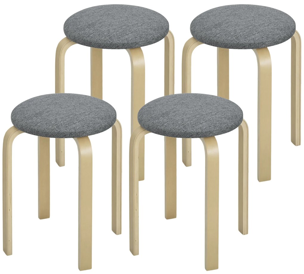 HOMCOM Set de 4 taburete empilabile rotunde fără spătar cu asise remberate, 40 x 40 x 45 cm, gri | Aosom Romania