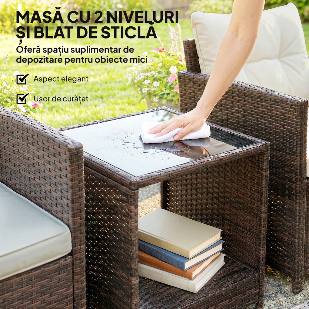 Outsunny Set Bistro pentru Exterior 3 Piese din Ratan cu Măsuță pe 2 Niveluri, Perne pentru Balcon și Terasă, Maro și Crem | Aosom Romania