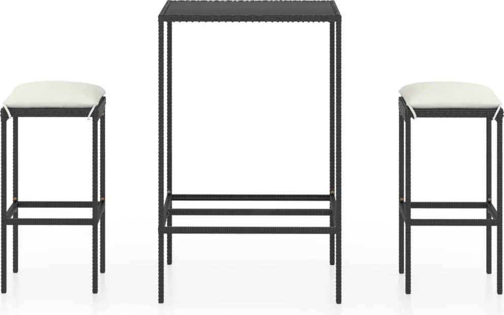 vidaXL Set mobilier bar de grădină cu perne, 3 piese, negru, poliratan