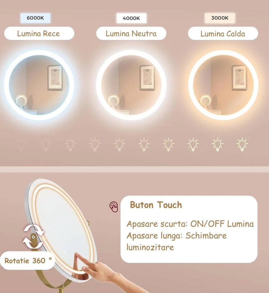 Masuta machiaj cu Oglinda LED si 2 Sertare pentru Cosmetice, Set Masa toaleta 80 cm sau 100 cm, Alb, masuta cosmetica, vanity - SEA801
