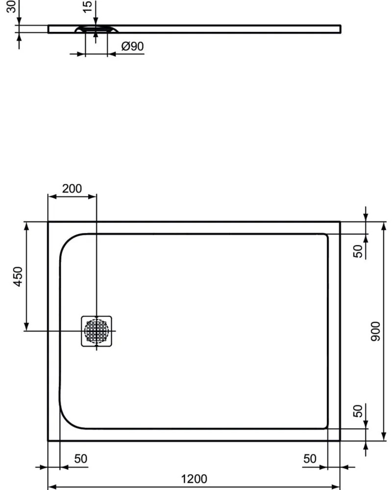 Cadita dus compozit 120x90 cm Ideal Standard Ultra Flat S, gri asfaltic Gri asfaltic, 1200x900 mm