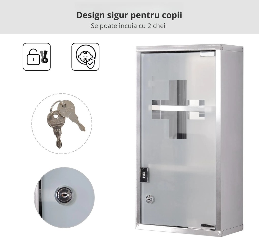 HOMCOM Dulap pentru Medicamente, Design Modern, Sticlă și Oțel, cu Ușă și 2 Chei, 48x25cm | Aosom Romania