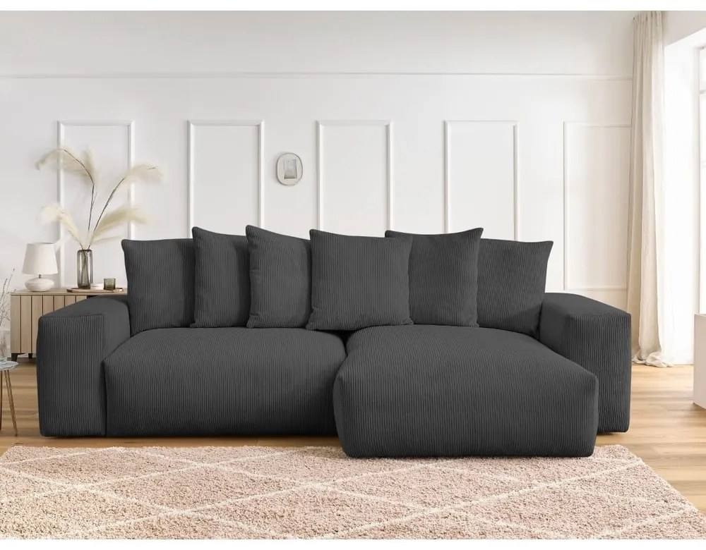 Colțar gri închis extensibil/cu spațiu de depozitare cu tapițerie din catifea reiată Voltaire – Bobochic Paris