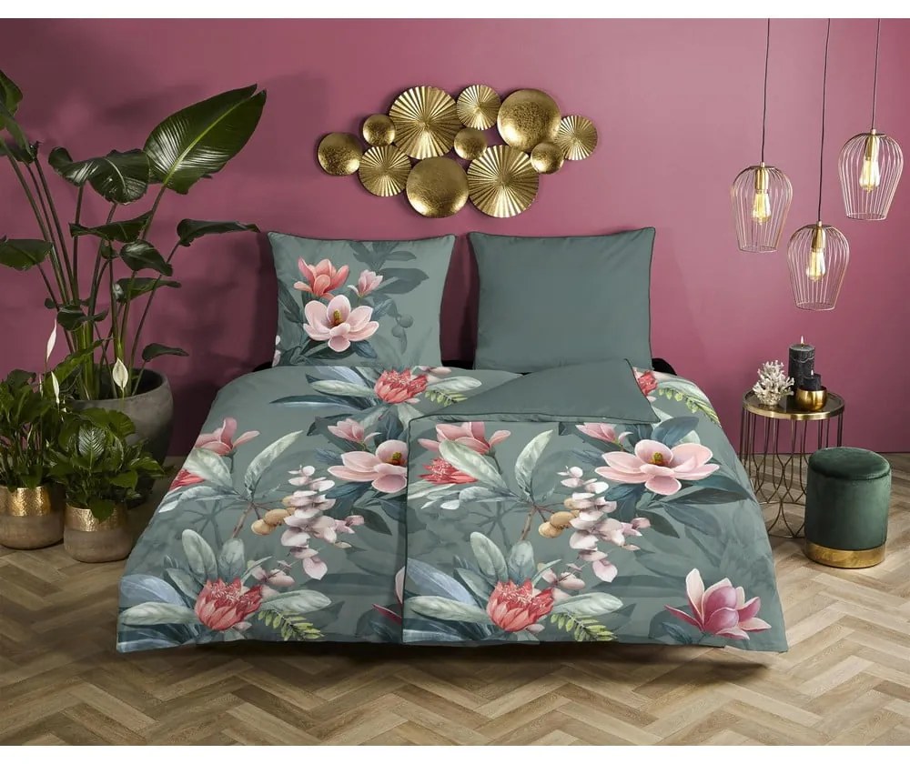 Lenjerie de pat din bumbac organic pentru pat de o persoană Descanso Rose, 140 x 220 cm, verde