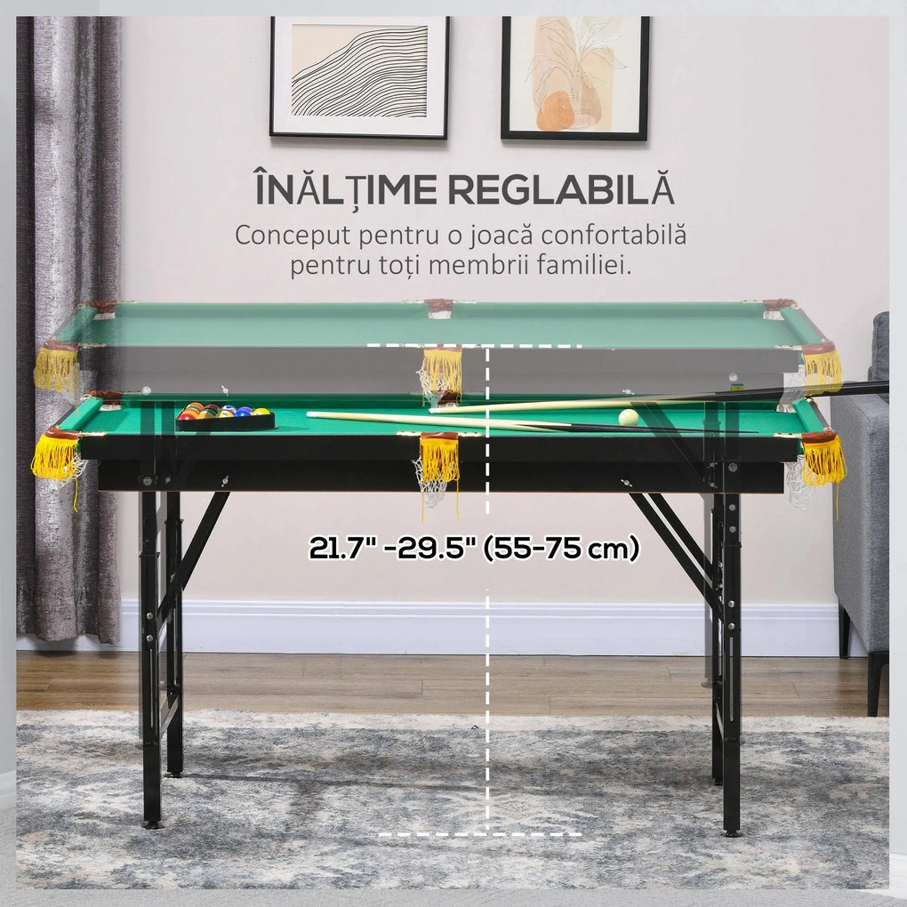 SPORTNOW Masă de Biliard Reglabilă pe Înălțime cu Accesorii, Masă din MDF și Oțel Carom, 140x60x55-75 cm, Verde | Aosom Romania