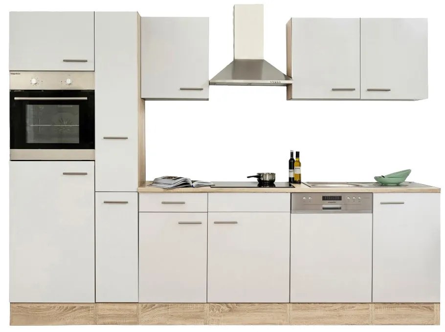 Mobilă de bucătărie Yorki 310, corp din stejar Sonoma, cu față alb satinat