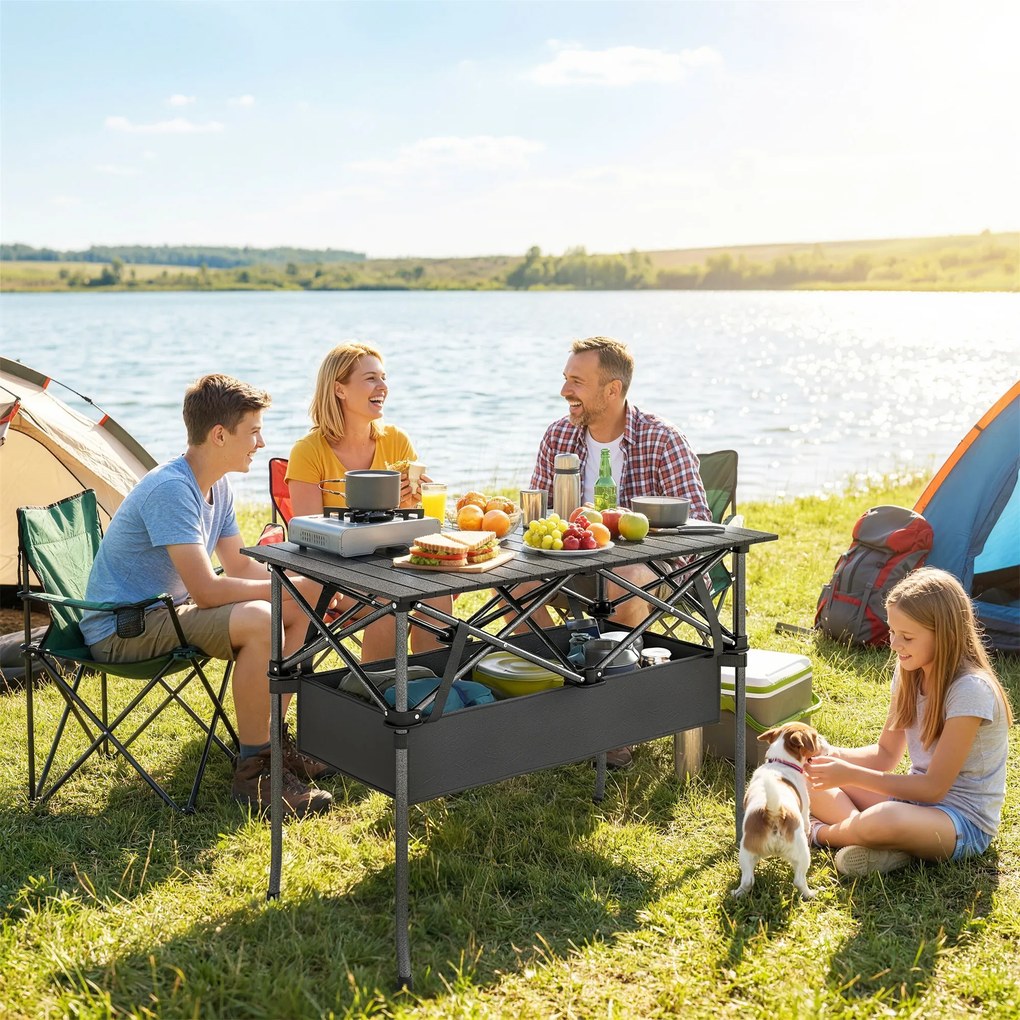 Masă de Picnic Pliabilă și Portabilă Outsunny cu Plasă de Depozitare și Geantă pentru Transport, pentru Camping și Exterior, Negru | Aosom Romania