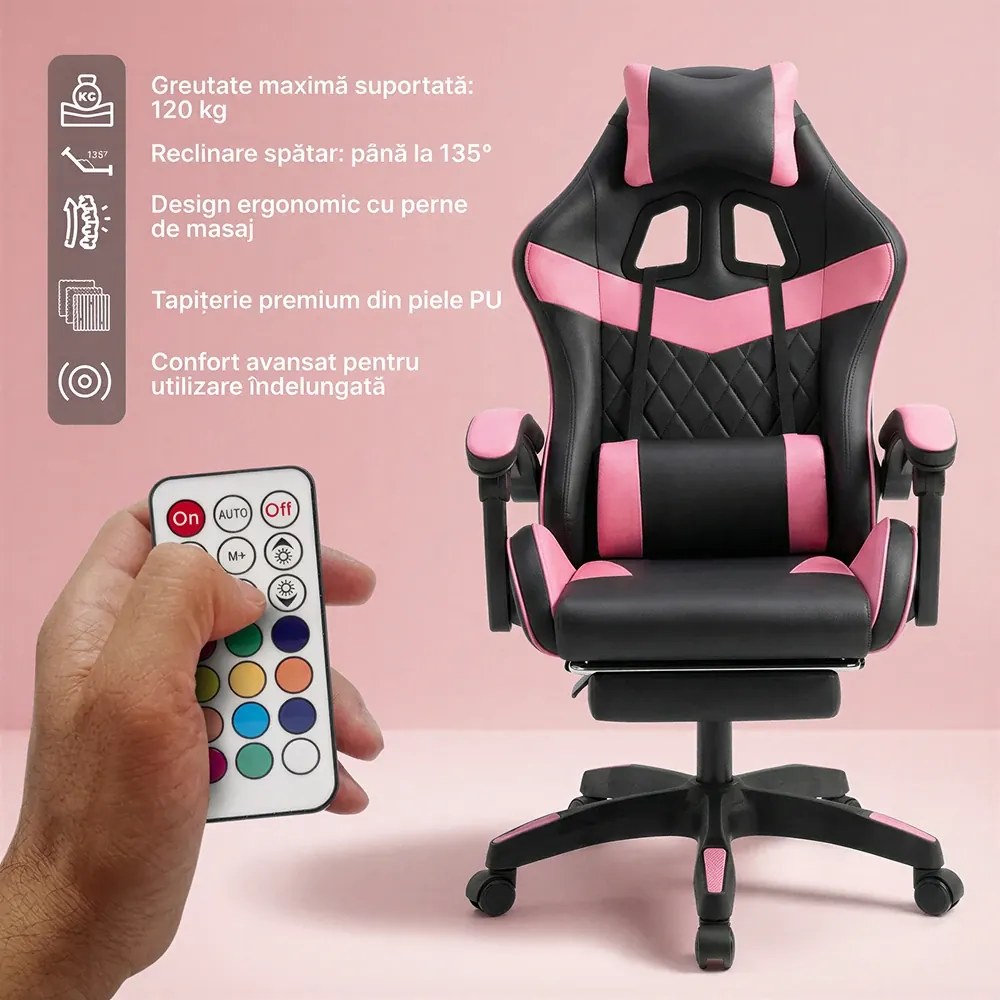 Scaun gaming, sistem iluminare bandă LED RGB, masaj în perna lombară, suport picioare, Negru/Roz