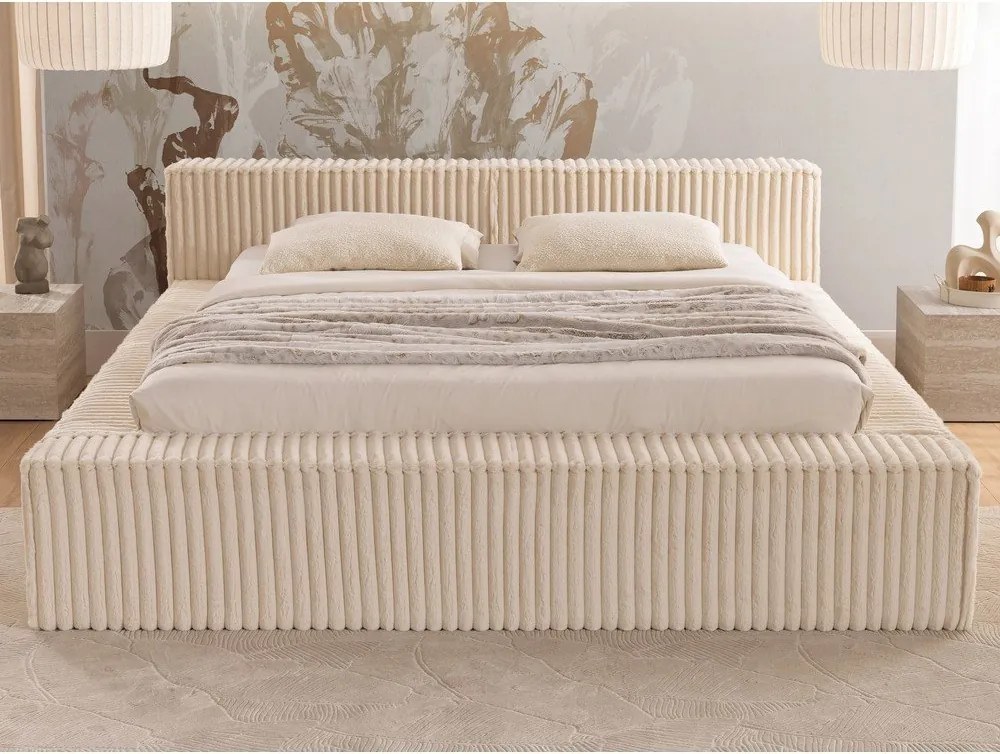 Pat matrimonial bej tapițat cu spațiu de depozitare cu somieră 140x200 cm Cloe – Ropez