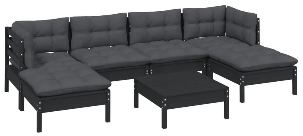 Set mobilier gradina cu perne, 7 piese, negru, lemn de pin Negru, 7