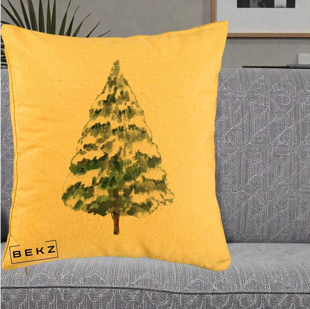 Perna Decorativa cu tematica de Craciun, Brad 2, 40x40 cm, Galben, Husa Detasabila, Perna Inclusa, BEKZ®