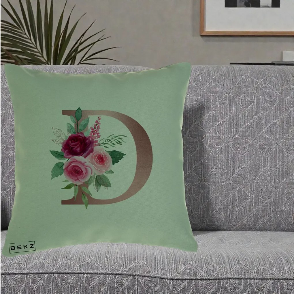 Cadou Personalizat - Perna Personalizata Monograma Rose Gold Litera D, 40x40 cm, Verde, Husa Detasabila, Perna Inclusa, BEKZ®