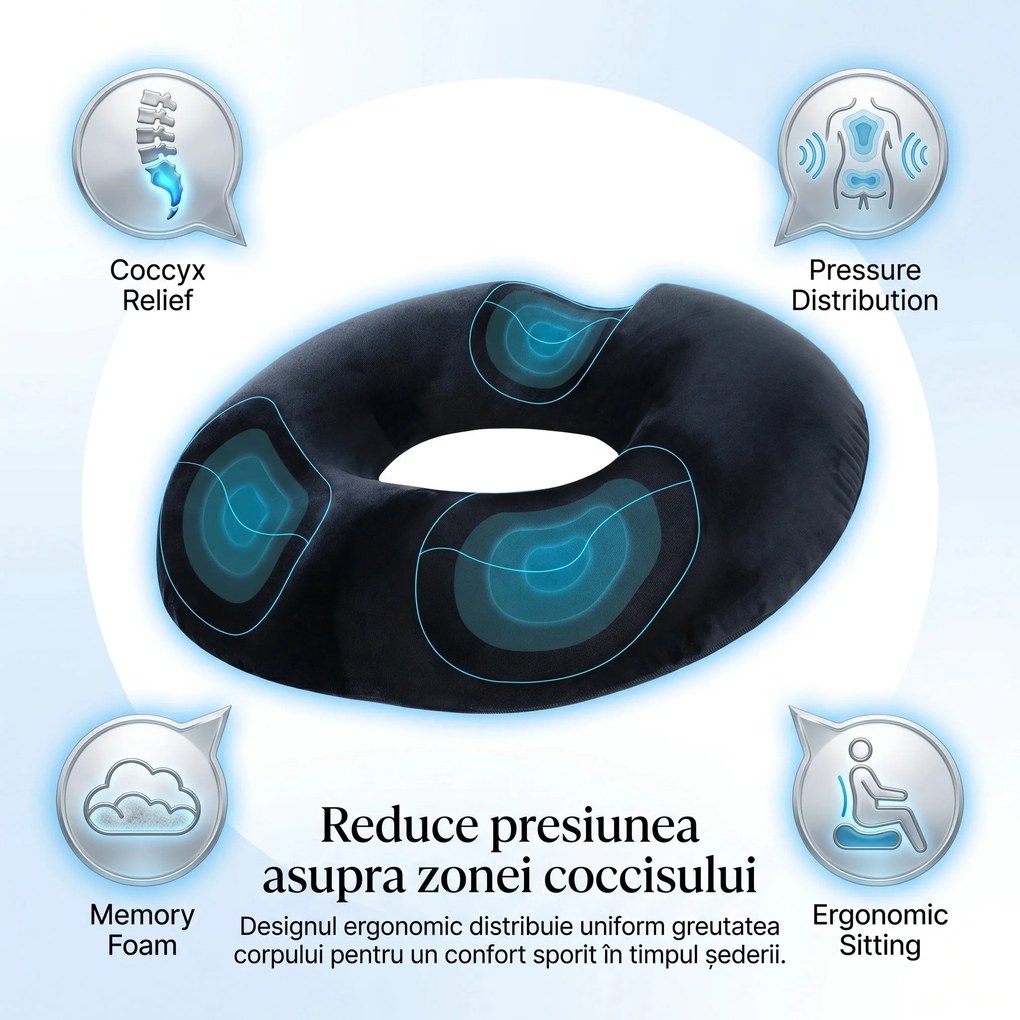 Perna ortopedica sezut antihemoroizi tip colac, memory foam, Negru