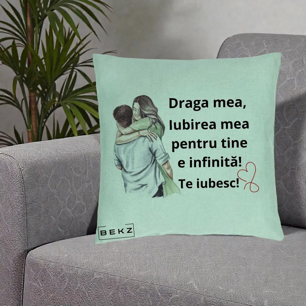 Cadou pentru Iubita - Perna Personalizata Draga Mea Iubirea Mea Infinita Te Iubesc cu Cuplu Acuarela, 40x40 cm, Verde Menta, Husa Detasabila, Perna Inclusa, BEKZ®