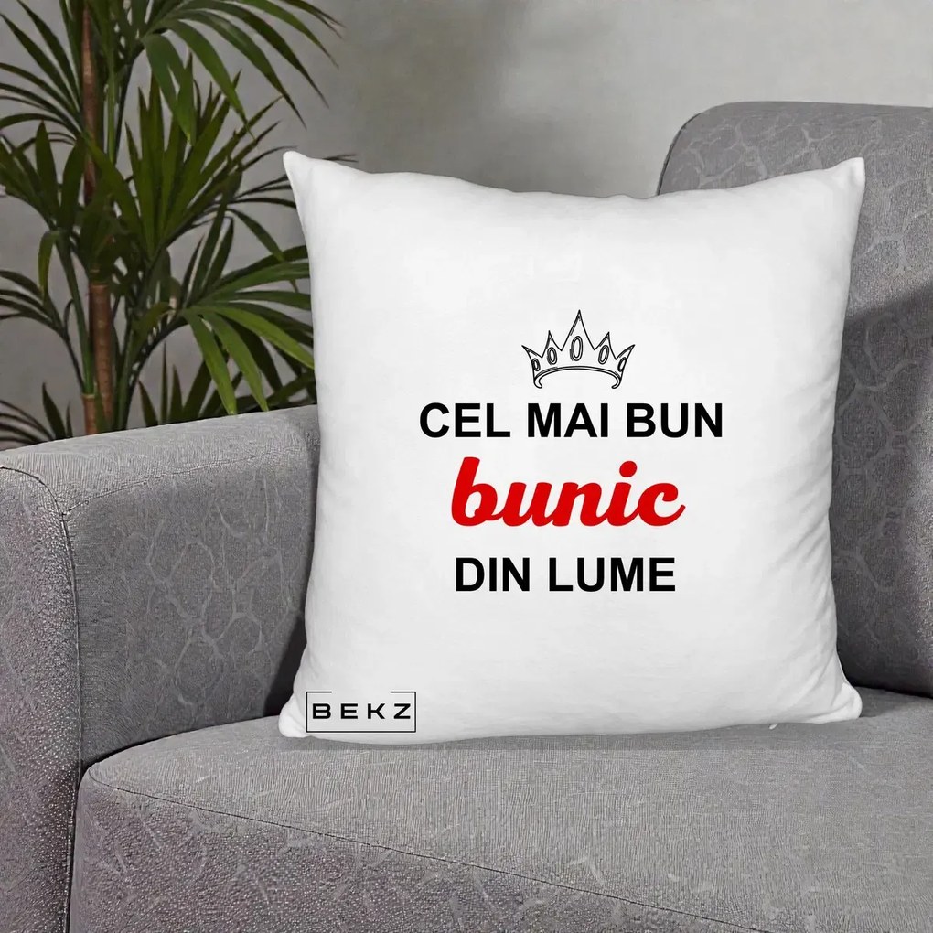 Cadou pentru Bunic - Perna Personalizata Cel Mai Bun Bunic Din Lume Coroana Rosu, 40x40 cm, Alb Pufos, Husa Detasabila, Perna Inclusa, BEKZ®