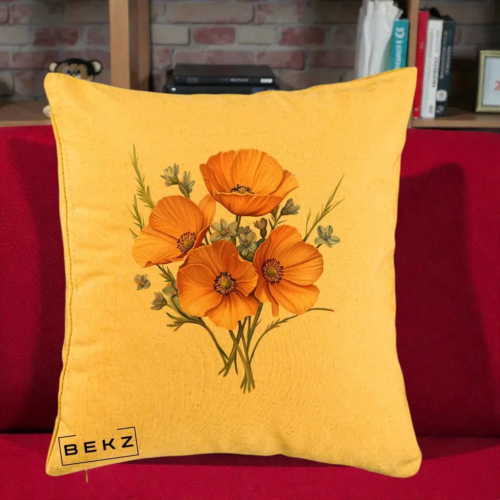 Perna Decorativa Maci Portocalii cu Floricele Albastre, 40x40 cm, Galben, Husa Detasabila, Perna Inclusa, BEKZ®
