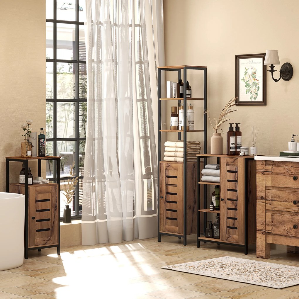 kleankin Mobilier de baie coloană industrial 3 rafturi deschise ușă cu lamele rafturi reglabile marron rustique | Aosom Romania