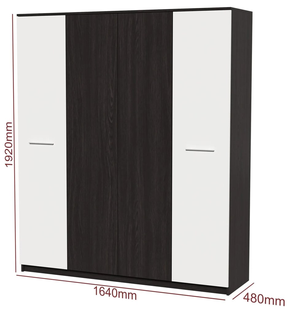 Dormitor Luiza 4U5P, culoare magia (wenge) / alb, cu pat standard 140 x 200 cm, dulap cu 4 usi, comoda si 2 noptiere