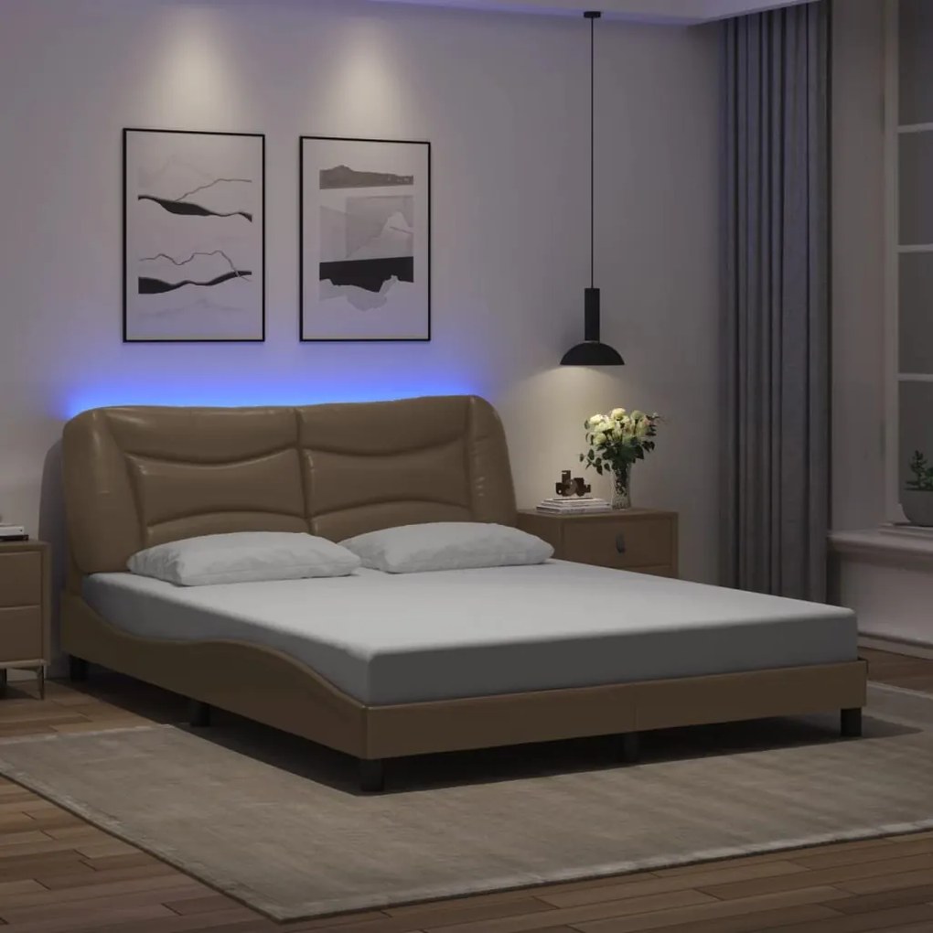 vidaXL Cadru pat cu lumini LED, cappuccino, 160x200 cm piele ecologică