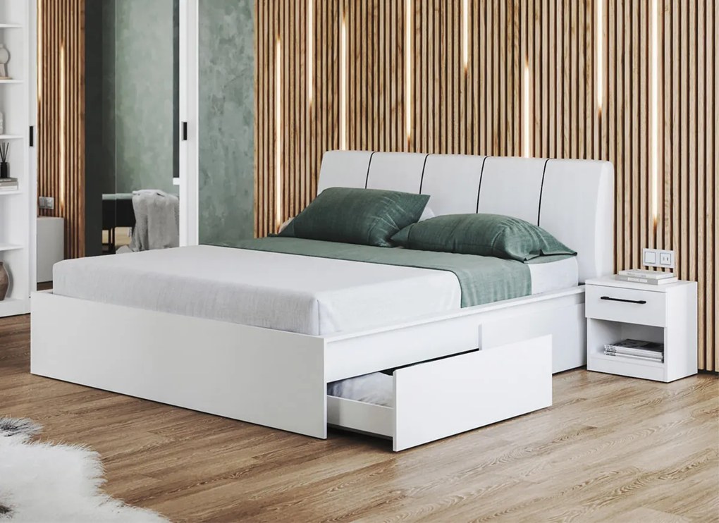 Set dormitor alb pat tapitat - Blanco - Configuratia 21
