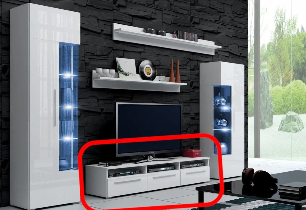 Expedo Comodă TV LUGANO, alb/alb luciu - 150/35/45cm