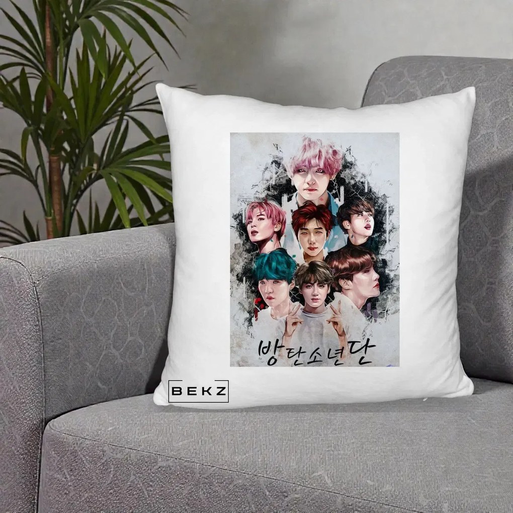 Perna Personalizata K-pop BTS Bangtan Boys Poster Artistic Negru Alb, 40x40 cm, Alb Pufos, Husa Detasabila, Perna Inclusa, BEKZ®