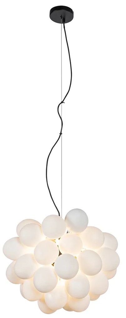 Lampă suspendată Art Deco neagră cu sticlă opalescentă cu 8 lumini rotundă - Uvas