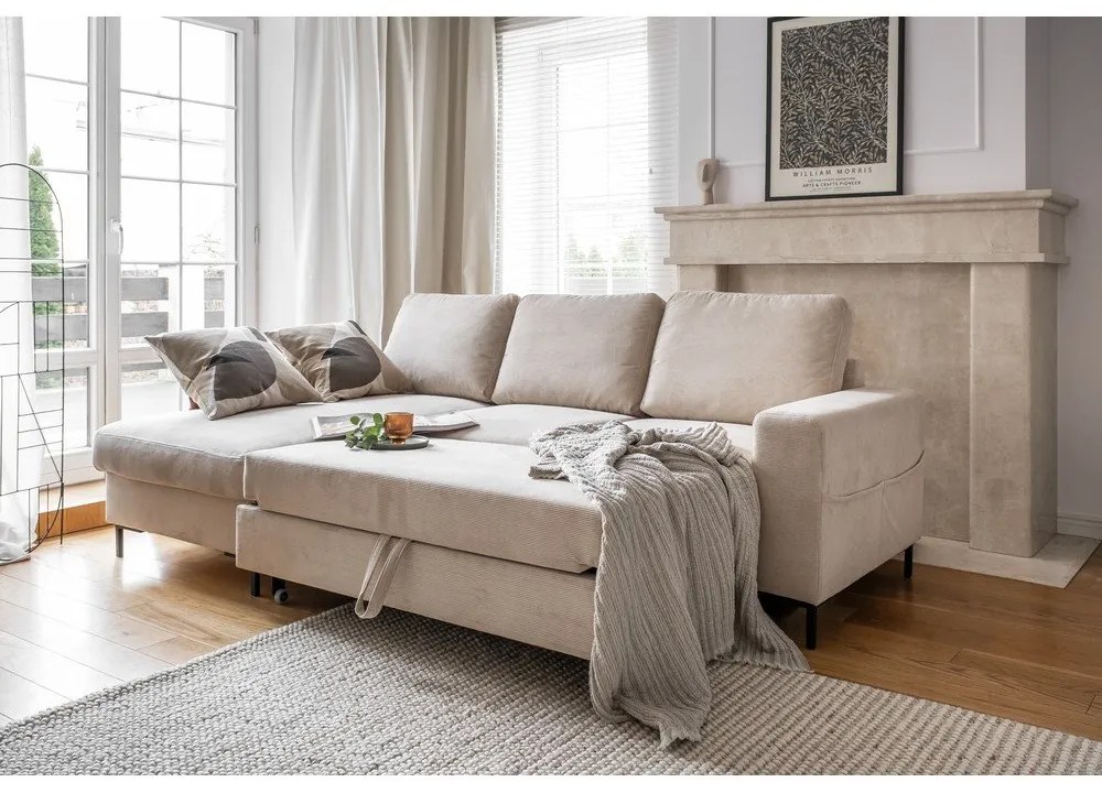 Colțar bej extensibil cu tapițerie din catifea reiată (cu colț pe partea stângă ) Lofty Lilly – Miuform