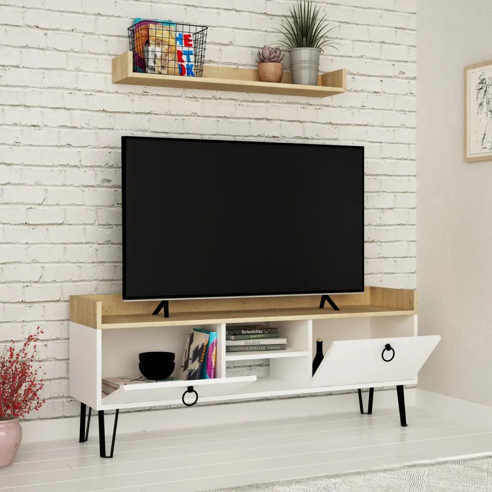 Set Comoda TV si Raft de Perete Keday, Alb / Stejar