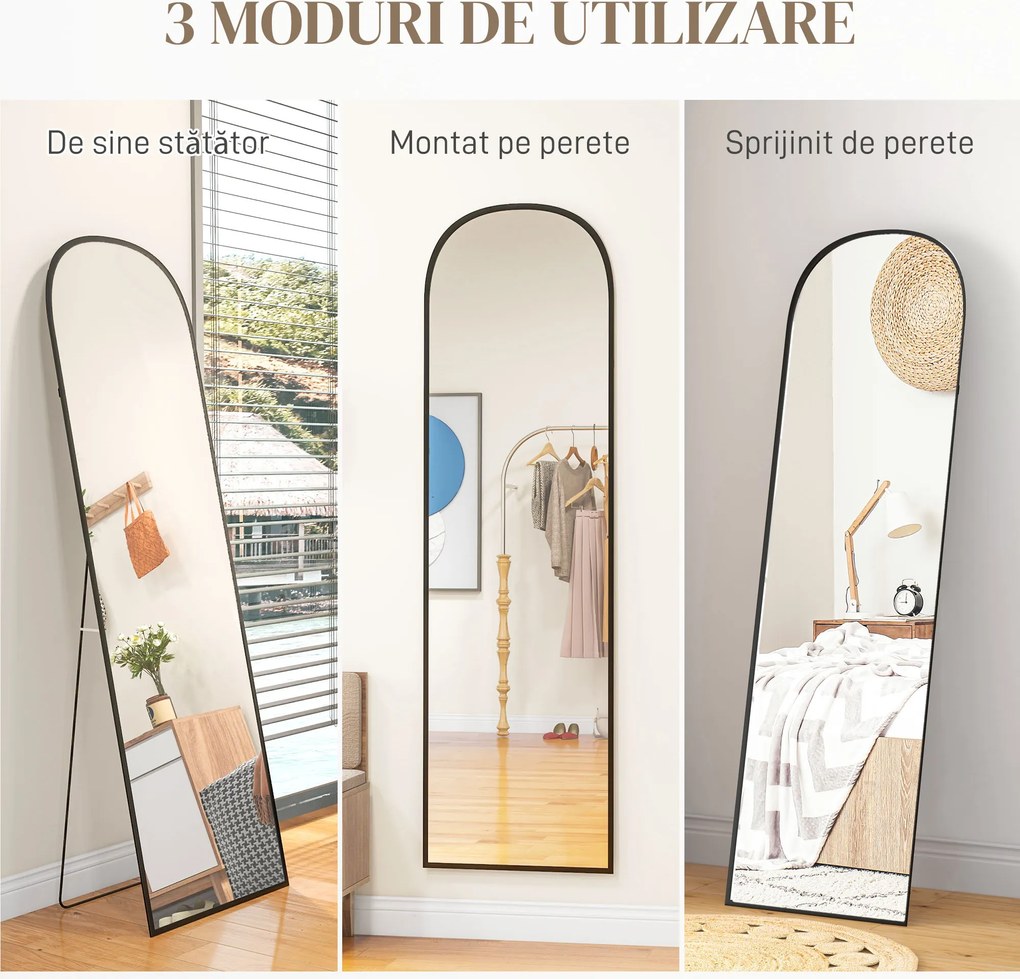 HOMCOM Oglindă de Podea și Perete Modernă din Aliaj de Aluminiu cu Suport Pliabil, 50x170 cm, Neagră | Aosom Romania