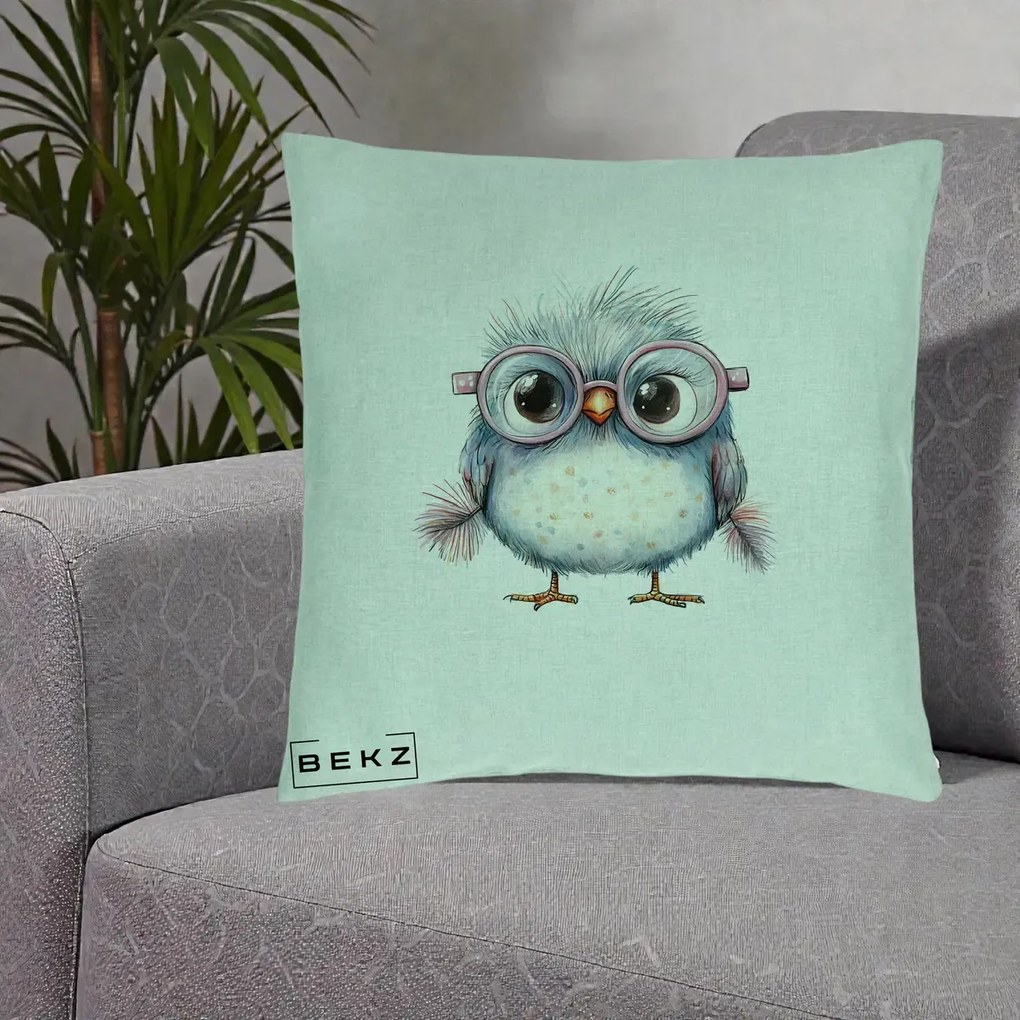 Perna Decorativa Pui Pufos cu Ochelari Roz, 40x40 cm, Verde Menta, Husa Detasabila, Perna Inclusa, BEKZ®