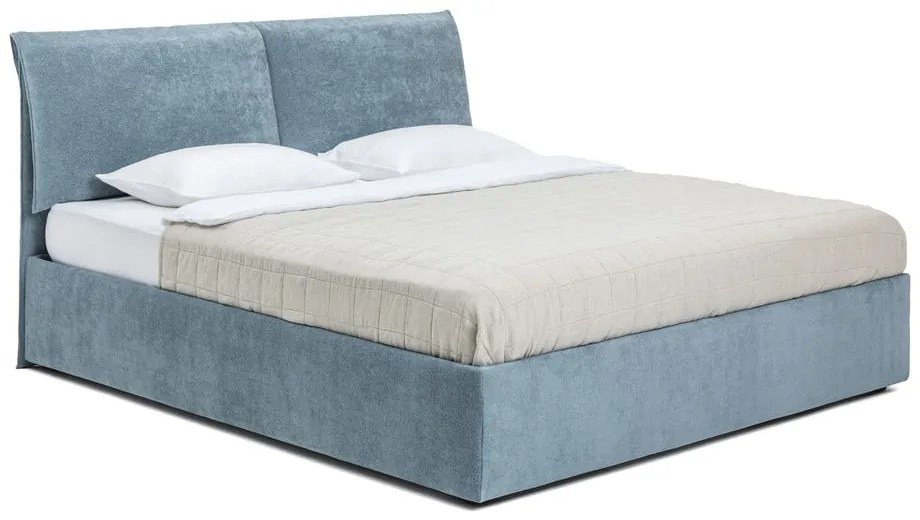 Pat matrimonial albastru tapițat cu spațiu de depozitare cu somieră 180x200 cm Thessa Pillow – Bonami Selection