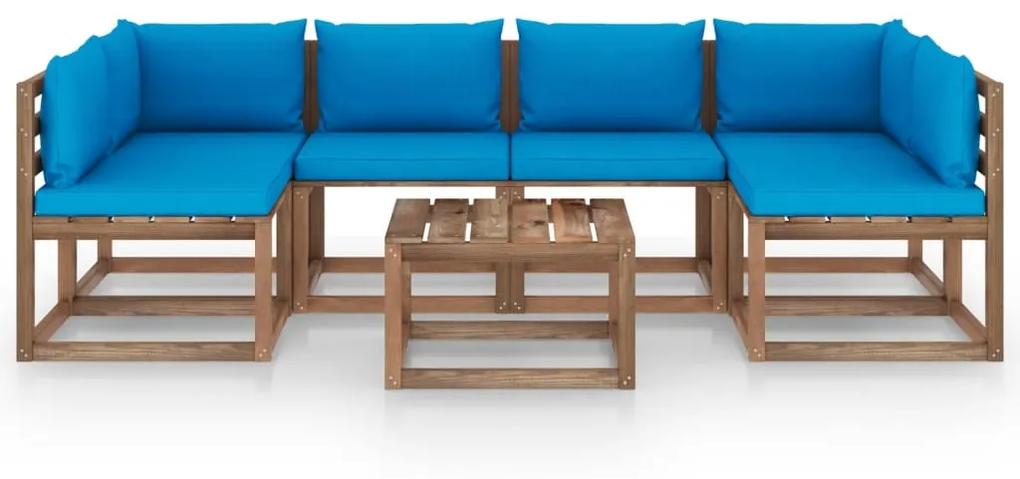 Set mobilier gradina paleti cu perne, 7 piese, lemn pin tratat Albastru deschis, 2x colt + 4x mijloc + masa, 1