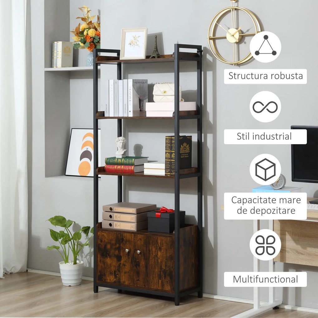 Biblioteca cu 4 rafturi si un dulap cu 2 compartimente, cu 2 usi, stil industrial, maro 75x30x180cm HOMCOM | Aosom Romania