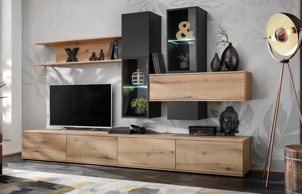 Mobila Living sufragerie moderna , pal stejar negru, cu vitrine sticla , lumini led alb,deschidere usi prin apasare-push open, 280 cm lungime x 45 cm