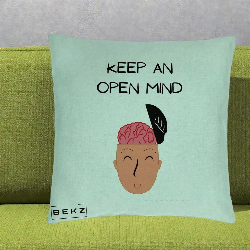 Perna Decorativa Keep An Open Mind, 40x40 cm, Verde Menta, Husa Detasabila, Perna Inclusa, BEKZ®