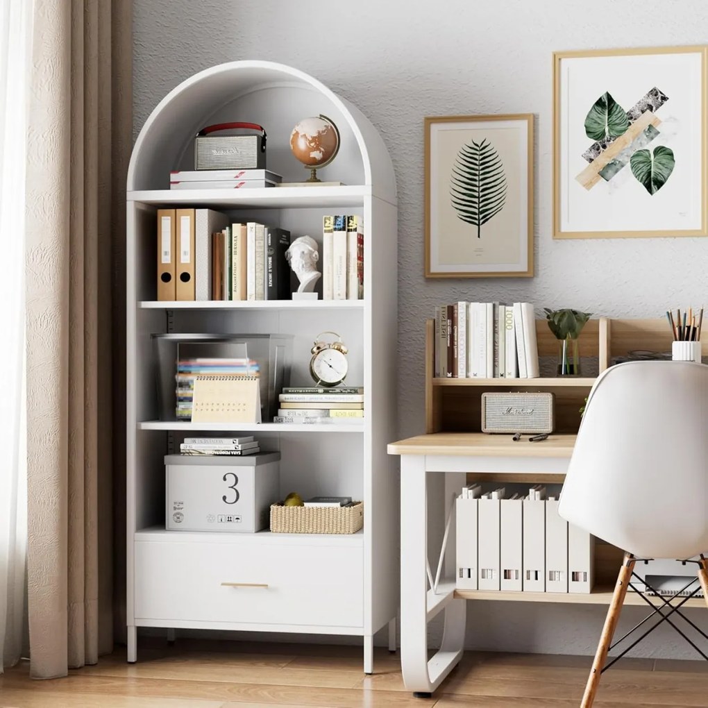 DUA205 - Vitrina 80 cm, Dulap rotund pentru birou, Biblioteca Living, Rafturi Dormitor, Dining, Hol - Alb