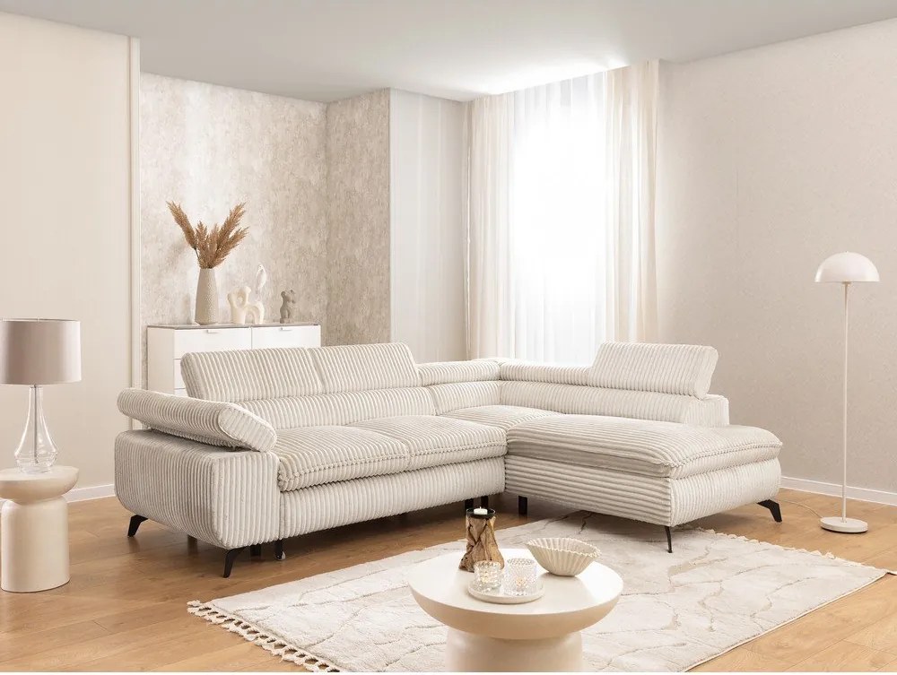 Colțar crem cu tapițerie din catifea reiată (cu colț pe partea dreaptă/în formă de ”L”) Marbeya – Ropez