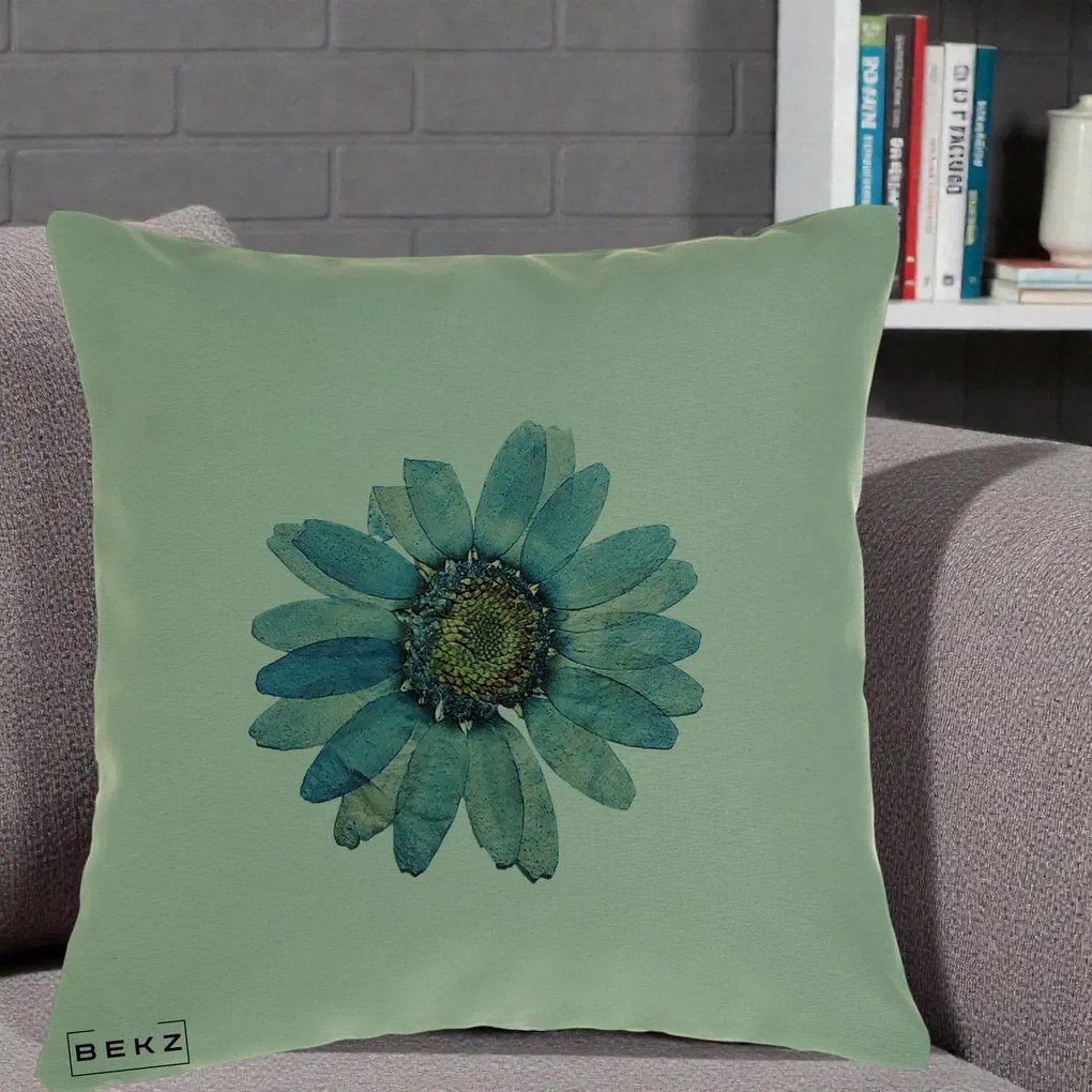 Perna Decorativa Floare Margareta Albastra Acuarela, 40x40 cm, Verde, Husa Detasabila, Perna Inclusa, BEKZ®