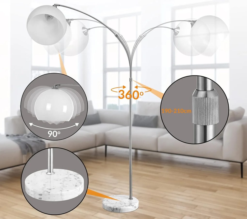 Deuba Lampă de podea curbată de design cu bază de marmură - reglabilă la 190-200 cm