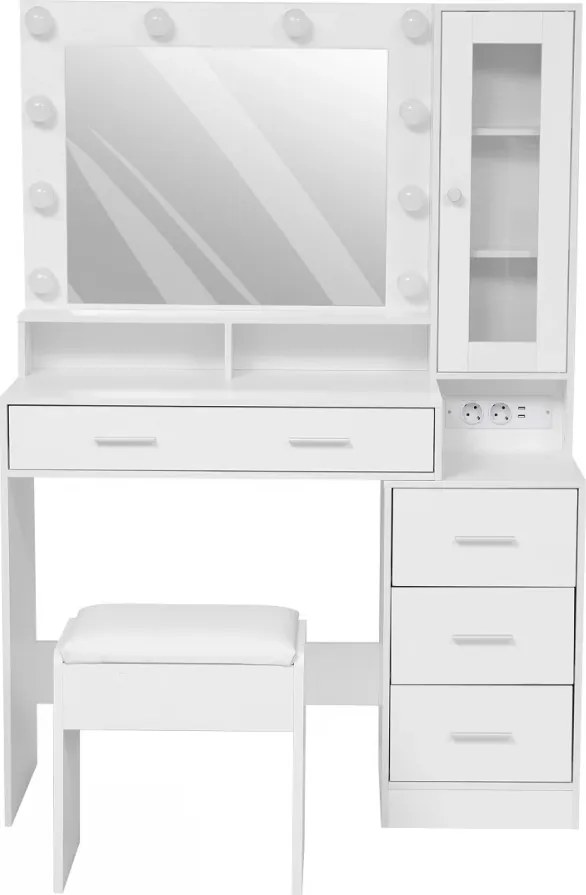 Set EVELINE – Masă de Toaletă pentru Machiaj, Oglindă Becuri LED, Iluminare reglabilă, Dulap lateral cu ușă, 5 sertare, 2 prize + 2 USB, Scaun, Alb