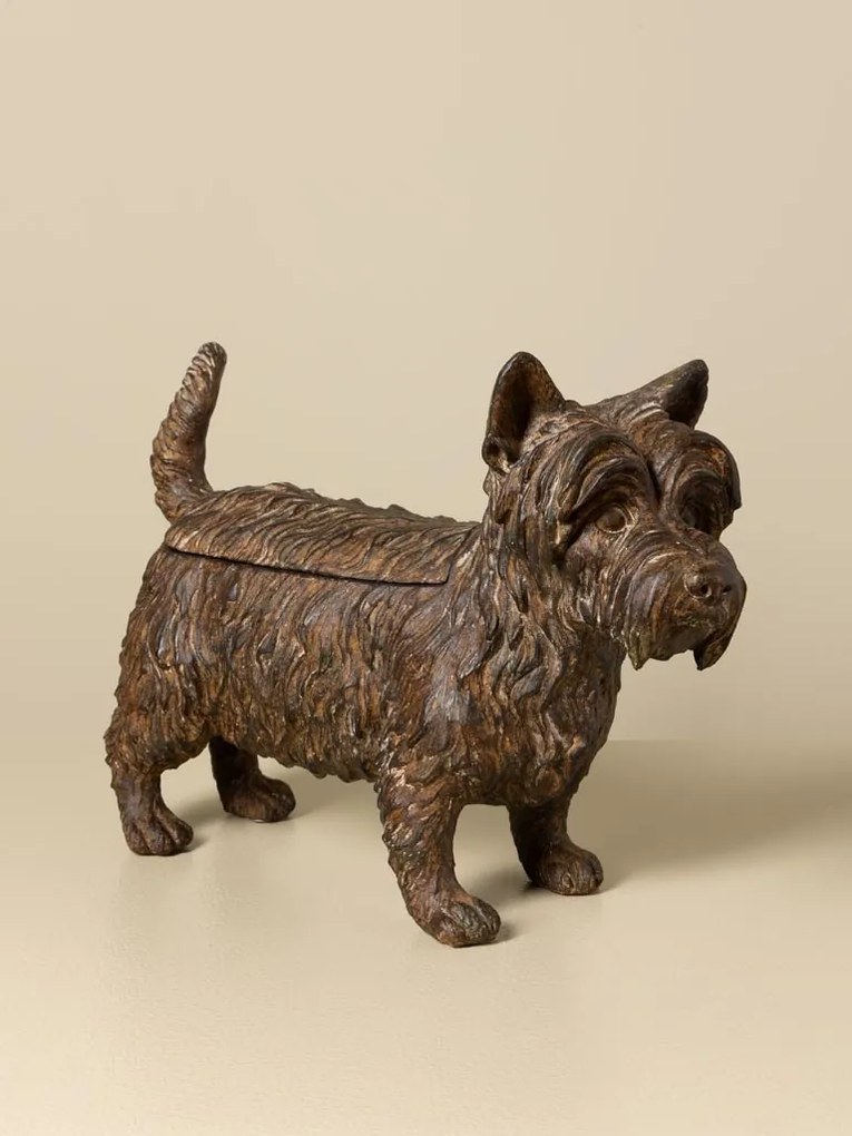 Cutie decorativă din rășină maro în formă de câine Scottish Terrier, capac detașabil, finisaj antichizat, 25 x 33 x 12,5 cm, „Écossais”