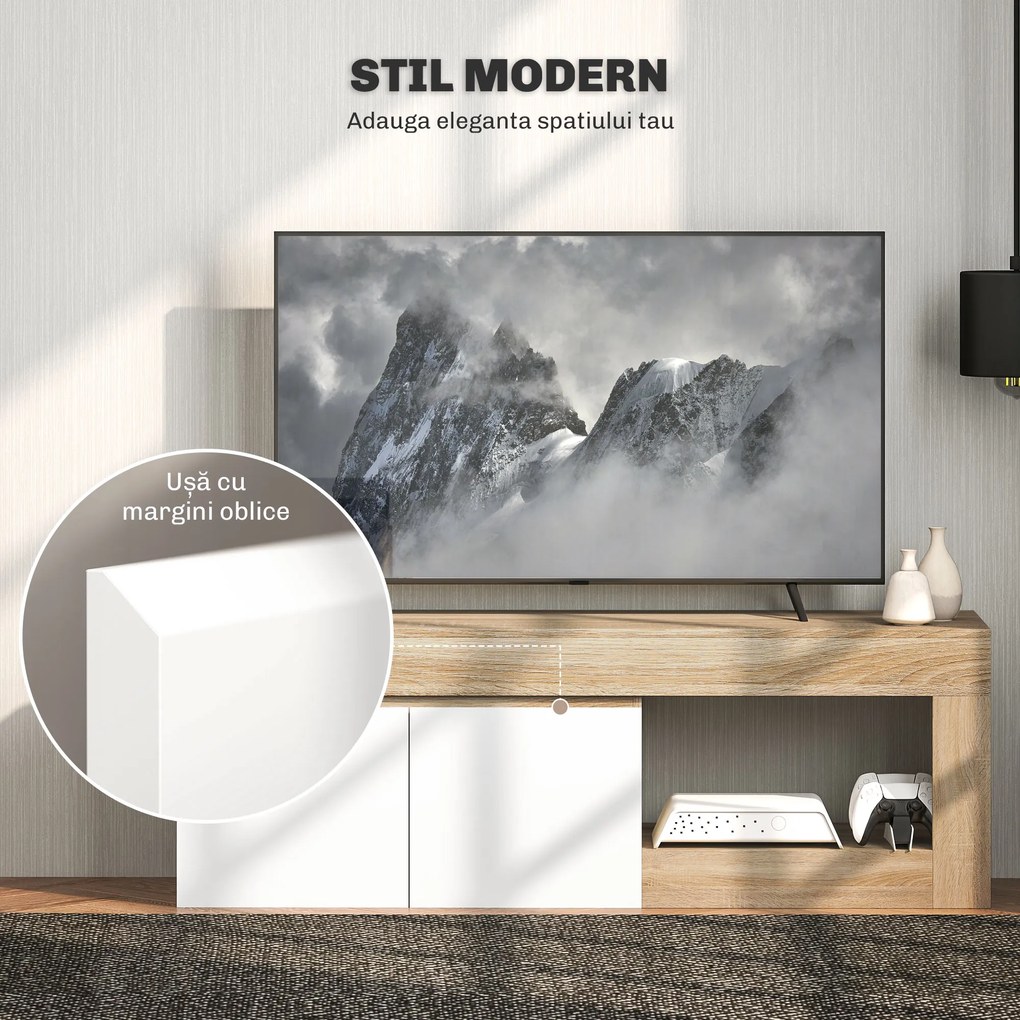 HOMCOM Dulap pentru TV de 60" cu Dulăpior, 2 Uși și Raft Deschis, Mobilier TV din Lemn, 140x40x48 cm, Lemn Natural | Aosom Romania