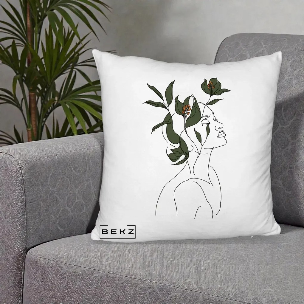Perna Decorativa Portret Feminin Crin Verde, 40x40 cm, Alb Pufos, Husa Detasabila, Perna Inclusa, BEKZ®