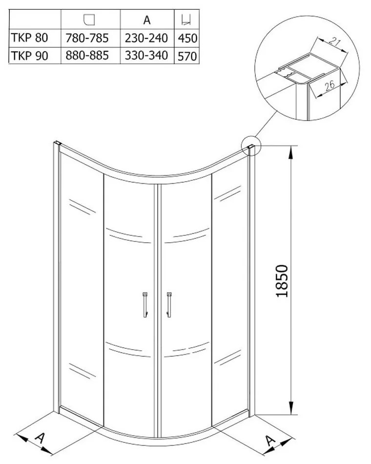 Cabina dus semirotunda 90x90 cm neagra KolpaSan, Eco Quat 900x900 mm