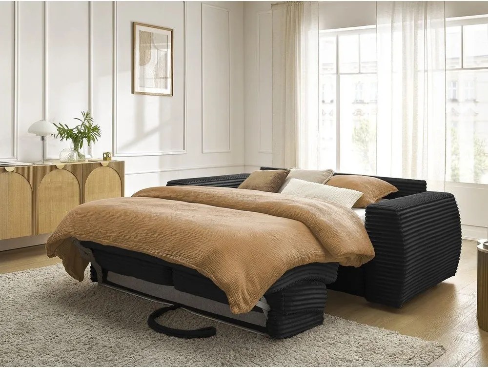 Canapea neagră pentru dormitul zilnic/extensibilă cu tapițerie din catifea reiată 240 cm Hugo – Bobochic Paris